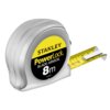 Na zdjęciu znajduje się miara zwijana z metalową obudową i wysuniętą żółtą taśmą pomiarową. Na obudowie widnieje napis: "STANLEY PowerLock BLADE ARMOR 8m 33-527".