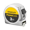 Na zdjęciu znajduje się miara zwijana z metaliczną obudową i czarnym przyciskiem blokującym. Na żółto-czarnym tle widnieje napis: "STANLEY PowerLock 3m 33-522".