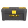 Czarna skrzynka narzędziowa z żółtymi elementami, na której widnieje logo "STANLEY". Skrzynka ma żółty zatrzask i uchwyt na górze.
