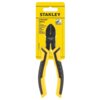 Na zdjęciu widoczne są szczypce z żółto-czarnymi uchwytami, umieszczone na żółtym kartonowym opakowaniu z napisem "STANLEY DYNAGRIP 150mm 6" DIAGONAL CUTTING PLIERS". Na szczypcach znajduje się napis "STANLEY 74-362".