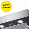 Na zdjęciu widoczny jest fragment czarnego okapu kuchennego z metalowym panelem i przyciskami sterującymi, a także dwoma okrągłymi światłami. W lewym górnym rogu znajduje się żółte koło z napisem "ŁATWY MONTAŻ".
