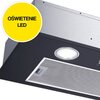 Czarny okap kuchenny z widocznym oświetleniem LED i metalowym filtrem. Na żółtym tle znajduje się napis "OŚWIETLENIE LED".