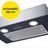 Czarny okap kuchenny z metalowym panelem i dwoma okrągłymi światłami LED, posiada przyciski sterujące oraz logo "Candy". Na żółtym tle widnieje napis "WYDAJNOŚĆ 208 m³/h".