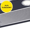 Zdjęcie przedstawia fragment czarnego okapu kuchennego z widocznym metalowym filtrem tłuszczowym oraz okrągłym światłem. Na żółtym tle znajduje się napis "FILTR TŁUSZCZOWY".