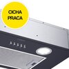 Na zdjęciu widoczny jest czarny okap kuchenny z panelem sterowania, na którym znajdują się przyciski oraz okrągłe oświetlenie. W lewym górnym rogu znajduje się żółte koło z napisem "CICHA PRACA".