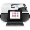 Skaner HP Digital Sender Flow 8500 fn2 z widocznym panelem dotykowym, na którym znajdują się ikony: "Scan to Email", "Scan to Network Folder", "Scan to USB Drive", "Scan to SharePoint", "Remote Scan Request" oraz "Fax". Na górze urządzenia znajduje się po