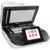Skaner HP Digital Sender Flow 8500 fn2 z otwartą pokrywą, wyposażony w ekran dotykowy wyświetlający różowe ikony z opcjami skanowania. Na obudowie widoczny jest napis "HP Digital Sender Flow 8500 fn2".