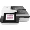 Skaner biurowy z dużym, kolorowym ekranem dotykowym, na którym widoczne są ikony z opcjami: "Scan to Email", "Scan to Network Folder", "Scan to USB Drive", "Scan to SharePoint", "Remote Scan Request" oraz "Fax". Na obudowie znajduje się logo HP oraz napis "HP ScanJet Enterprise Flow N9120 fn2".