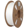 Zdjęcie przedstawia szpulę białego filamentu PLA+ o średnicy 1.75 mm i wadze 1 kg. Na szpuli widoczne są napisy: "gembird", "PLA+ 1.75mm", "1kg", "CE", "RoHS", oraz symbol recyklingu "20 PAP".