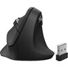Czarna mysz komputerowa o ergonomicznym, pionowym kształcie, z widocznym rolką przewijania i przyciskami. Obok myszy znajduje się mały odbiornik USB, który umożliwia bezprzewodowe połączenie z komputerem.