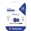 Opakowanie pendrive'a Verbatim Store 'n' Go Dual Drive 32GB z interfejsami USB-C i USB-A, z napisem "USB 3.2 Gen 1", "High Speed Data Transfer" oraz logo Verbatim. Widoczne są również ikony urządzeń kompatybilnych z pendrive'em oraz sam pendrive w kolorze