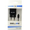 Opakowanie zawiera czarną ładowarkę sieciową z logo "BELINE" oraz kabel, z widocznymi oznaczeniami "1A", "HIGH QUALITY", "CE", "ŁADOWARKA SIECIOWA/TRAVEL CHARGER" i "GWARANCJA 12M". Tło opakowania jest białe z niebieskimi akcentami.