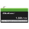 Czarny akumulator z zielonym wierzchem, na którym widnieje logo "Qoltec" oraz oznaczenie "1.3Ah / 12V". Na dole znajduje się napis "Model: 53040 Rechargeable Lead-Acid Battery Security (AGM)".