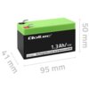 Czarny akumulator z zielonym wierzchem, na którym widnieje napis "Qoltec" oraz specyfikacja "1.3Ah/12V Rechargeable Lead-Acid Battery (AGM) Model: 53040". Wymiary akumulatora to 95 mm długości, 50 mm wysokości i 41 mm szerokości.