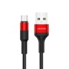 Czerwony kabel USB - Micro USB z czarnymi elementami, o długości 1,2 m, z widocznym logo "USAMS" na wtyczce USB. Kabel ma plecioną osłonę i metalowe końcówki.