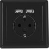 Czarne gniazdko elektryczne z dwoma portami USB na górze i okrągłym otworem na wtyczkę poniżej, z oznaczeniem "16A 250V" w środku. Produkt ma prostokątną ramkę i gładką powierzchnię.