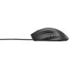 Czarna mysz komputerowa z przewodem, widoczna z boku, z wyraźnie zarysowanymi liniami na obudowie. Produkt ma gładką powierzchnię i ergonomiczny kształt.