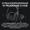 Na zdjęciu widoczne są słuchawki z tekstem: "W pełni konfigurowalne w programie G HUB" oraz "Przyporządkuj komendy i makra do każdego przycisku G – do każdej aplikacji lub gry oddzielnie. Dostosuj ustawienia głośności, korektora EQ oraz dźwięku przestrzen