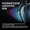 Na zdjęciu widoczne są słuchawki z podświetleniem RGB oraz tekst: "Podświetlenie LIGHTSYNC RGB. W pełni konfigurowalne, pełne spektrum RGB ~16.8 milionów kolorów. Efekty świetlne sterowane przez dźwięk lub obraz z gier poprzez oprogramowanie Logitech G HU