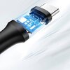 Zbliżenie na końcówkę kabla USB-C z widocznym przezroczystym fragmentem ukazującym wewnętrzne komponenty elektroniczne. W tle widać rozmyte linie sugerujące ruch lub prędkość.