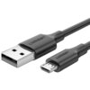 Na zdjęciu widoczny jest czarny kabel USB z końcówkami USB i Micro USB, na których znajduje się logo "UGREEN". Kabel ma gładką powierzchnię i jest koloru czarnego.
