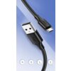 Czarny kabel USB z końcówkami USB i Micro USB, na obu końcówkach widoczne jest logo "UGREEN". Tło jest gradientowe w odcieniach niebieskiego, a na dole znajdują się trzy ikony symbolizujące funkcje kabla.