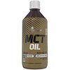 Brązowa butelka z białą nakrętką, na której widnieje logo "OLIMP" oraz napisy: "MCT OIL", "400 ml", "BLACK SERIES", "PURE MCT", "100% NATURAL SOURCE", "PURE MEDIUM-CHAIN TRIGLYCERIDES", "food supplement", "Kosttillskott", "Suplement diety".