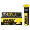 Opakowanie produktu "Izotonik ISOSTAR Hydrate & Perform Power Tabs Cytrynowy (10 tabletek)" z widocznym napisem "HYDRATE & PERFORM* POWERTABS" oraz grafiką cytryny. Na opakowaniu znajdują się informacje: "Isotonic formula", "Electrolytes & carbohydrate contribute to maintain performance", "Easy to use", "Natural flavouring", a także logo "isostar".