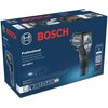 Opakowanie termodetektora BOSCH Professional GIS 1000 C jest w kolorze niebieskim z dużym, czerwonym logo BOSCH na górze. Na opakowaniu widoczny jest obraz urządzenia, tekst "Professional Infrared thermometer GIS 1000 C" oraz ikony przedstawiające zawarto