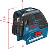Laser liniowy w kolorze niebiesko-czarnym z widocznymi czerwonymi liniami i punktami laserowymi. Na urządzeniu znajduje się logo "BOSCH" oraz napis "GCL 25 Professional".