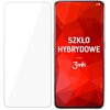 Na zdjęciu widoczne jest przezroczyste szkło ochronne oraz smartfon z wyświetlaczem w kolorze czerwonym z geometrycznym wzorem. Na ekranie telefonu znajduje się biały napis "SZKŁO HYBRYDOWE" oraz logo "3mk".
