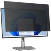 Monitor z nałożonym filtrem prywatyzującym, który przyciemnia ekran, na którym widoczny jest interfejs systemu operacyjnego z ikonami aplikacji. Filtr jest częściowo przezroczysty, co pozwala na częściowe widzenie zawartości ekranu.