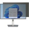 Monitor z nałożonym filtrem prywatyzującym, na ekranie widoczny jest interfejs systemu operacyjnego z ikonami aplikacji i menu startowym. Filtr przyciemnia obraz, a w tle widać niebieską grafikę przypominającą falę.