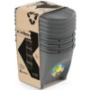 Na zdjęciu widoczny jest szary kosz na śmieci z zestawu Sortibox, opakowany w kartonową etykietę z grafiką recyklingu i napisem "sortibox", "4 x 25L", oraz logo "keden". Na koszu znajdują się kolorowe naklejki symbolizujące różne rodzaje odpadów do segreg