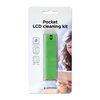Opakowanie produktu z napisem "Pocket LCD cleaning kit" zawiera zielony zestaw czyszczący w przezroczystym etui. Na opakowaniu znajdują się ikony z opisami: "easily removes fingerprints", "as cleaning cloth", "perfect for phone/tablet" oraz logo "gembird"