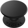 Czarny uchwyt i podstawka do telefonu o okrągłym kształcie, z gładką powierzchnią. Na podstawie widoczny jest napis "POPSOCKETS".