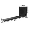 Na zdjęciu znajduje się czarny soundbar oraz subwoofer. Obok urządzeń widoczne są wymiary: soundbar ma 950 mm długości, 71 mm wysokości i 133 mm głębokości, a subwoofer 310 mm szerokości, 412 mm wysokości i 150 mm głębokości.