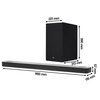 Czarny soundbar i subwoofer z widocznymi wymiarami: soundbar ma 1160 mm długości, 57 mm wysokości i 119 mm głębokości, a subwoofer 221 mm szerokości, 390 mm wysokości i 313 mm głębokości. Na subwooferze znajduje się logo "LG".
