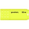 Żółty pendrive z widocznym logo "goodram" oraz oznaczeniem pojemności "32 GB". Na powierzchni obudowy znajduje się wzór złożony z dziewięciu kwadratów.