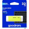 Opakowanie pendrive'a GOODRAM UME2 32GB w kolorze żółtym, z napisem "LIFETIME WARRANTY DOŻYWOTNIA GWARANCJA", "FLASH DRIVE USB 2.0", "dedicated for: dedykowany do:" oraz "goodram 32 GB". W tle widoczna jest klawiatura, a na dole opakowania znajduje się lo