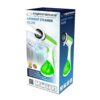 Pudełko produktu "Parownica do ubrań (Steamer) ESPERANZA EHI008 Velure" z widocznym zdjęciem parownicy w kolorze białym i zielonym oraz tekstem: "esperanza creating space for your dreams", "GARMENT STEAMER VELURE", "POWERFUL STEAM QUICK & CONVENIENT REFRESHES & REMOVES ODORS WORKS VERTICALLY & HORIZONTALLY". Na dole znajdują się ikony i napisy: "MAX 800W", "160ml", "60 SEC READY", "STEAM 25g/min".