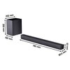 Na zdjęciu znajduje się czarny soundbar oraz bezprzewodowy subwoofer. Obok produktów widoczne są wymiary: subwoofer ma 202 mm szerokości, 250 mm wysokości i 150 mm głębokości, a soundbar ma 740 mm szerokości, 63 mm wysokości i 80,5 mm głębokości.