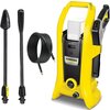Żółta myjka ciśnieniowa z czarnymi elementami, obok której znajdują się dwie czarne lancy i zwinięty wąż. Na myjce widoczne jest logo "KARCHER".