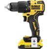 Na zdjęciu znajduje się żółto-czarna wiertarko-wkrętarka z widocznym logo "DEWALT" oraz napisami "18V XR" i "BRUSHLESS". Na akumulatorze widnieje napis "18V 2.0Ah".
