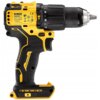 Na zdjęciu znajduje się żółto-czarna wiertarko-wkrętarka z widocznymi oznaczeniami: "DEWALT", "DCD709", "BRUSHLESS" oraz symbolami certyfikacyjnymi. Narzędzie ma ergonomiczny uchwyt i regulację momentu obrotowego z oznaczeniami liczbowymi.
