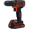 Na zdjęciu znajduje się czarno-pomarańczowa wiertarko-wkrętarka z widocznym logo "BLACK+DECKER". Na akumulatorze widnieje napis "LITHIUM 1.5AH 18V".
