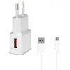 Biała ładowarka sieciowa z jednym portem USB oraz dołączonym białym kablem USB z końcówką micro USB. Produkt ma prosty, nowoczesny design z widocznymi metalowymi wtykami.