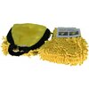 Żółta rękawica do czyszczenia z materiału typu chenille, z widocznymi długimi frędzlami, obok której znajduje się etykieta z napisem "WASH MIT CHENILLE CHENILLE-WASCHBÜRSTE". Produkt ma czarną elastyczną opaskę na nadgarstek.