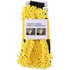 Żółta rękawica do czyszczenia z mikrofibry chenille, z widocznymi długimi frędzlami, opakowana w karton z napisem "WASH MIT CHENILLE CHENILLE-WASCHBÜRSTE" oraz dwoma zdjęciami przedstawiającymi jej użycie. W tle widoczne jest logo "DUNLOP".