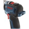Na zdjęciu znajduje się niebiesko-czarna wiertarko-wkrętarka z czerwonymi elementami, z widocznym logo "BOSCH" oraz napisem "BRUSHLESS" na górnej części obudowy. Produkt ma ergonomiczny uchwyt z teksturą i miejsce na akumulator na dole.